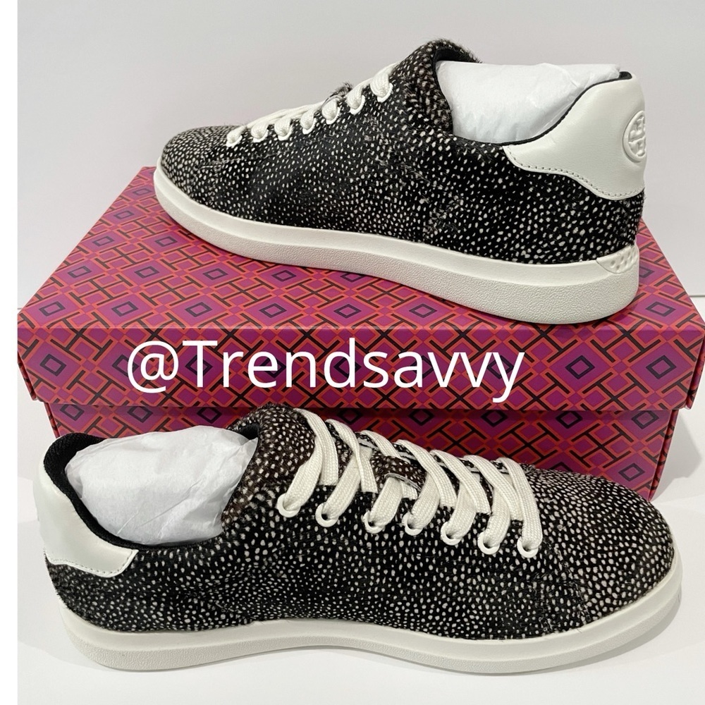 Tory Burch Howell Court Haircalf Sneakers Black White Size 7.5 Luxury Casual